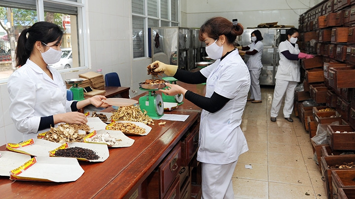 Y, bác sĩ Bệnh viện Y học cổ truyền trung ương bốc thuốc cho người bệnh. Ảnh: ÐỨC KHÁNH