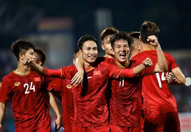 Niềm vui chiến thắng của các cầu thủ U23 Việt Nam.