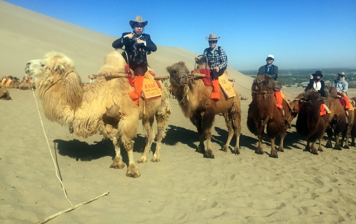 Du khách cưỡi lạc đà tham quan khu du lịch núi Minh Sa.