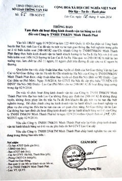 Thu hồi giấy phép kinh doanh vận tải hành khách của Công ty Minh Thành Phát