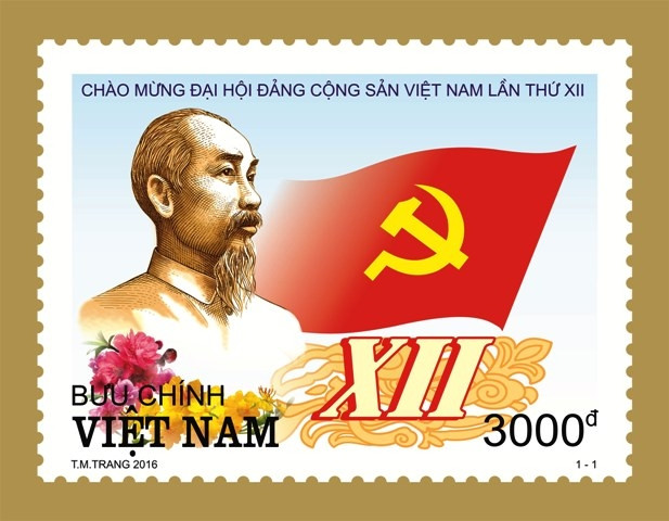 Mẫu tem chào mừng Đại hội Đảng lần thứ XII.