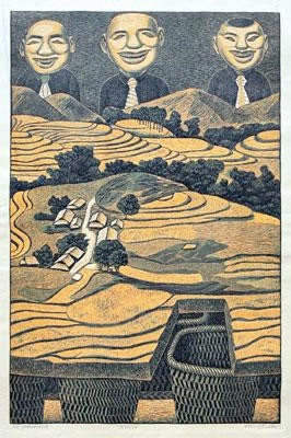 Chợ vùng cao - Khắc gỗ mầu của Phạm Khắc Quang.