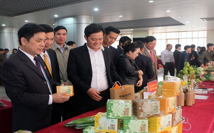 Các đại biểu tham quan các gian hàng giới thiệu sản phẩm của HTX các tỉnh, thành phố khu vực đồng bằng sông Hồng.