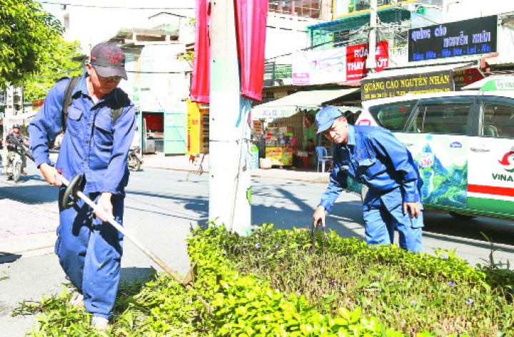Công nhân dịch vụ công ích quận 11 cắt tỉa cây xanh, làm đẹp cảnh quan, môi trường đô thị.
