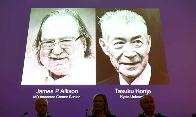 Nhà khoa học James P. Allison (ảnh bên trái) và nhà khoa học Tasuku Honjo (ảnh bên phải) đã được trao Giải thưởng Nobel Y học năm 2018. Ảnh: Fredrik Sandberg/EPA
