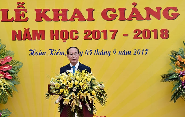 Chủ tịch nước Trần Đại Quang phát biểu khai giảng năm học mới tại Trường THCS Trưng Vương, quận Hoàn Kiếm (Hà Nội). Ảnh:ĐĂNG KHOA