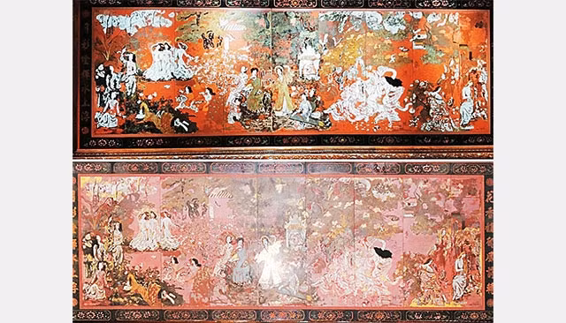 Tác phẩm Vườn xuân Trung Nam Bắc” trước (dưới) và sau khi “vệ sinh” (trên). Ảnh: LÊ CÔNG SƠN