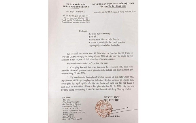 Công văn chỉ đạo của UBND TP Hồ Chí Minh về việc cho học sinh nghỉ học đến hết tháng 2-2019. 
