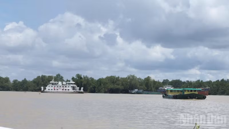 Phương tiện vận chuyển vật liệu xây dựng trên Cửa sông Đại Ngãi. (Ảnh: HOÀI XUYÊN)