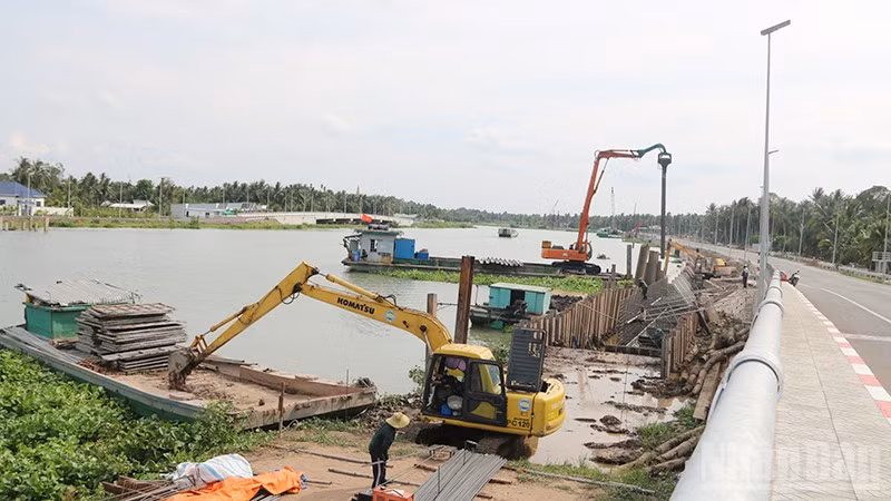 Xây kè sông thuộc dự án hạ tầng hồ chứa nước ngọt dọc bờ sông Láng Thé, xã Bình Phú, tỉnh Vĩnh Long.