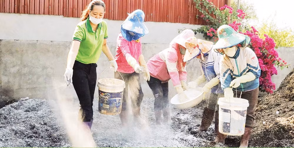 Hướng dẫn bà con ủ vỏ cà-phê. Ảnh: Bùi Hà