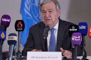 Tổng thư ký Liên hợp quốc Antonio Guterres tại cuộc họp báo trong chuyến thăm Syria, ngày 26/7/2026. (Ảnh: XINHUA)