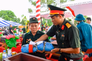 Lễ viếng, truy điệu và an táng 80 hài cốt liệt sĩ quân tình nguyện và chuyên gia Việt Nam hy sinh tại nước Cộng hòa Dân chủ Nhân dân Lào tại Nghĩa trang Liệt sĩ Nghi Lộc, xã Đông Lộc, tỉnh Nghệ An cuối tháng 5/2026. (Ảnh: nhandan.vn)