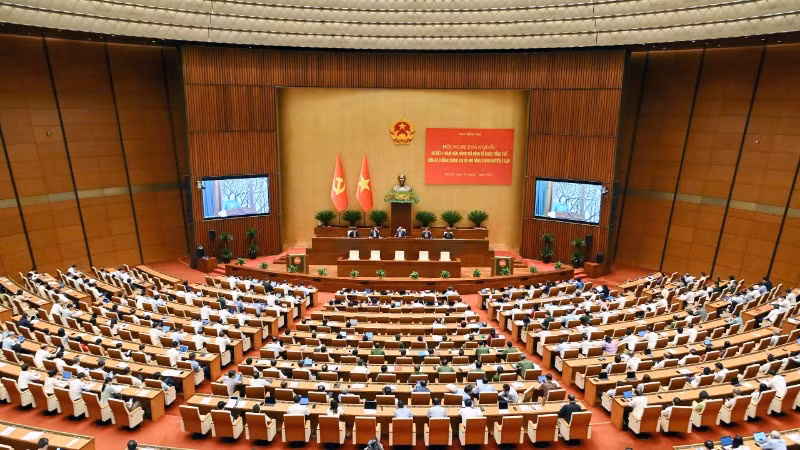 Quang cảnh Hội nghị toàn quốc sơ kết 1 năm vận hành mô hình tổ chức tổng thể của hệ thống chính trị và mô hình chính quyền 3 cấp. (Ảnh: THỦY NGUYÊN)