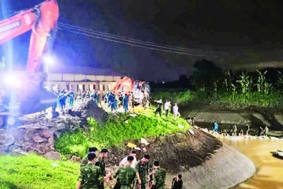 Xử lý sự cố mạch đùn, mạch sủi trạm bơm Cẩm Bào. (Ảnh: MAI TOAN)