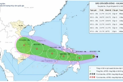 Bản đồ dự báo quỹ đạo và cường độ bão Kalmaegi phát lúc 20 giờ tối 2/11/2025. (Nguồn: Trung tâm Dự báo khí tượng thủy văn quốc gia)