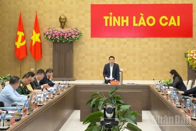 Chủ tịch Ủy ban nhân dân tỉnh Nguyễn Tuấn Anh điều hành hội nghị. (Ảnh: THANH SƠN)