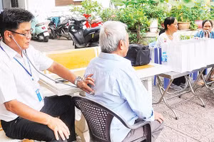 Đội chăm sóc sức khỏe liên tục phường Xuân Hòa thăm khám người cao tuổi ngay tại nhà dân.