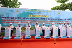 Các đại biểu nhấn lệnh khởi công dự án nạo vét, cải tạo môi trường bờ bắc Kênh Đôi.