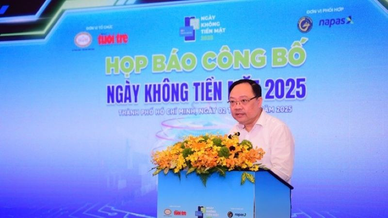 Ông Phạm Anh Tuấn - Vụ trưởng Vụ Thanh toán Ngân hàng Nhà nước phát biểu tại họp báo Chương trình Ngày không tiền mặt 2025 chủ đề "Thanh toán không tiền mặt thúc đẩy kinh tế số".