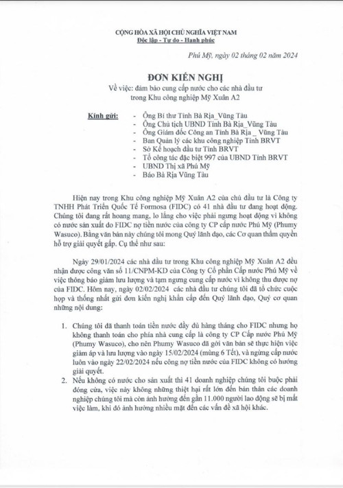 Đơn kiến nghị của các doanh nghiệp đang sản xuất trong Khu công nghiệp Mỹ Xuân A2.