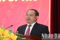 Đồng chí Quản Minh Cường, Bí thư Tỉnh ủy Cao Bằng phát biểu ý kiến tại hội nghị.