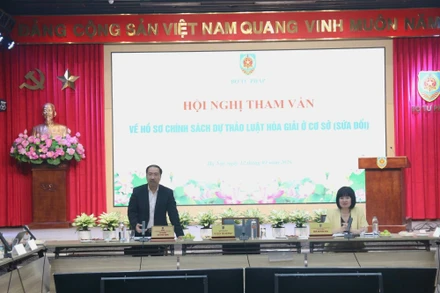 Lãnh đạo Cục Phổ biến, giáo dục pháp luật và Trợ giúp pháp lý trao đổi ý kiến với các chuyên gia tại Hội nghị.