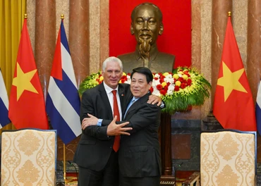 Bí thư Thứ nhất, Chủ tịch nước Cuba Miguel Diaz-Canel Bermudez hội kiến Chủ tịch nước Lương Cường. (Ảnh: THỦY NGUYÊN)