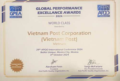 Chiều ngày 3/10, tại Mexico, Tổng công ty Bưu điện Việt Nam (Vietnam Post) vinh dự được trao tặng Giải thưởng Chất lượng Quốc tế châu Á-Thái Bình Dương (Global Performance Excellence Award - GPEA) 2024 ở hạng mục cao nhất – World Class Award.