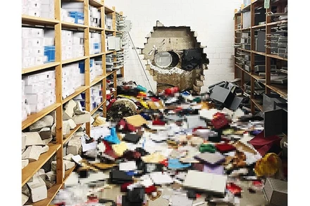 Lỗ hổng trên tường ngân hàng. Ảnh: AFP