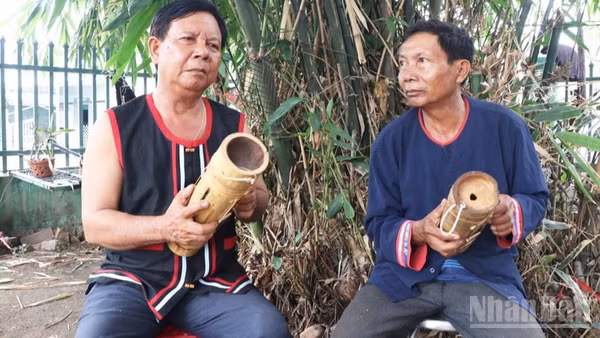 Hai nghệ nhân Tà Thía Panh và Tà Thía Ca (xã Phước Hà, tỉnh Khánh Hòa) đang hòa tấu làn điệu độc đáo của đàn Chapi, như đang trò chuyện với núi rừng bằng thứ ngôn ngữ đã gắn bó với người Raglai qua bao thế hệ. (Ảnh: NGUYỄN TRUNG)