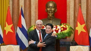 Bí thư Thứ nhất, Chủ tịch nước Cuba Miguel Diaz-Canel Bermudez hội kiến Chủ tịch nước Lương Cường. (Ảnh: THỦY NGUYÊN)
