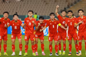 Đội tuyển U23 Việt Nam ăn mừng chiến thắng trong lượt trận vòng bảng tại Giải U23 châu Á. (Ảnh: Diệp Sơn Nam)