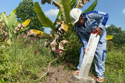 Cắm mốc và bàn giao ranh đất chuẩn bị thi công dự án cao tốc Thành phố Hồ Chí Minh-Mộc Bài. (Ảnh: QUÝ HIỀN)