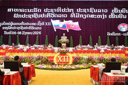 Quang cảnh phiên khai mạc Đại hội đại biểu toàn quốc lần thứ XII của Đảng Nhân dân Cách mạng Lào. (Ảnh: Cộng tác viên)
