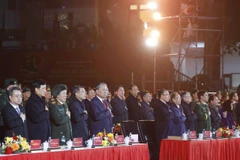 Tổng Bí thư Tô Lâm, các đồng chí lãnh đạo, nguyên lãnh đạo Đảng, Nhà nước tưởng nhớ đến Chủ tịch Hồ Chí Minh tại Cầu truyền hình “Hai tay xây dựng một sơn hà”, điểm cầu Cao Bằng. (Ảnh: Thống Nhất/TTXVN)