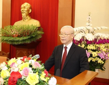 Tổng Bí thư Nguyễn Phú Trọng, Bí thư Quân ủy Trung ương phát biểu tại buổi gặp mặt đại biểu Đại hội Đoàn Thanh niên Cộng sản Hồ Chí Minh Quân đội lần thứ X (2022-2027). (Ảnh: Trí Dũng/TTXVN)