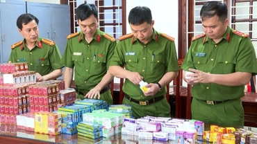 Công an xem xét các loại thuốc tân dược giả. (Ảnh: VGP)