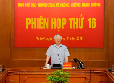 Tổng Bí thư, Chủ tịch nước Nguyễn Phú Trọng phat biểu tại phiên họp thứ 16, Ban Chỉ đạo Trung ương về phòng chống tham nhũng, ngày 26/7/2019. Ảnh: Đăng Khoa