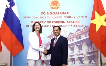 Bộ trưởng Ngoại giao Bùi Thanh Sơn đón Phó Thủ tướng, Bộ trưởng Ngoại giao và Các vấn đề châu Âu Cộng hòa Slovenia Tanja Fajon. Ảnh: TTXVN