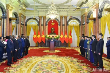 Chủ tịch nước Lương Cường phát biểu tại lễ trình Quốc thư của Đại sứ kiêm nhiệm các nước. (Ảnh THỦY NGUYÊN)