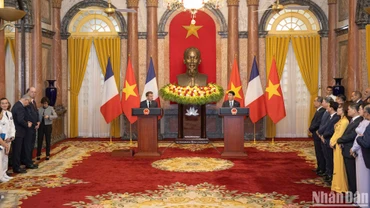 Chủ tịch nước Lương Cường và Tổng thống Pháp Emmanuel Macron gặp gỡ báo chí.