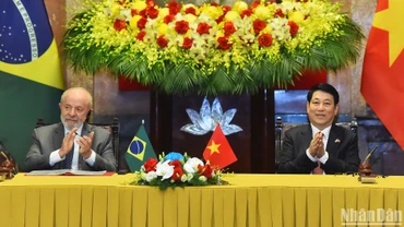 Chủ tịch nước Lương Cường và Tổng thống Brazil Lula da Silva tại cuộc gặp gỡ báo chí.