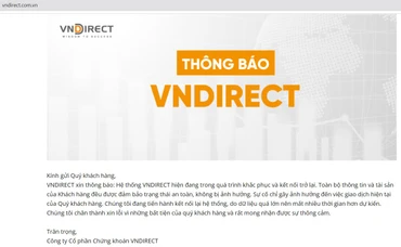 Website của VNDirect thông báo hệ thống hiện đang trong quá trình khắc phục và kết nối trở lại. 