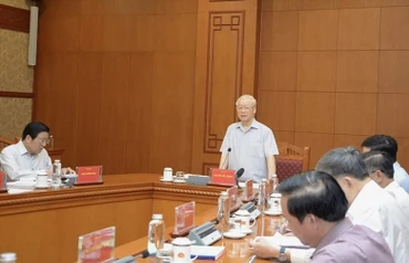 Tổng Bí thư Nguyễn Phú Trọng chủ trì cuộc họp của Thường trực Ban Chỉ đạo Trung ương về phòng, chống tham nhũng, tiêu cực hồi tháng 4/2022. (Ảnh: TTXVN)