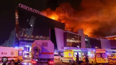 Hiện trường vụ tấn công khủng bố tại nhà hát Crocus City Hall ở Moskva, Nga, ngày 26/3 vừa qua. (Ảnh: BNE/TTXVN)