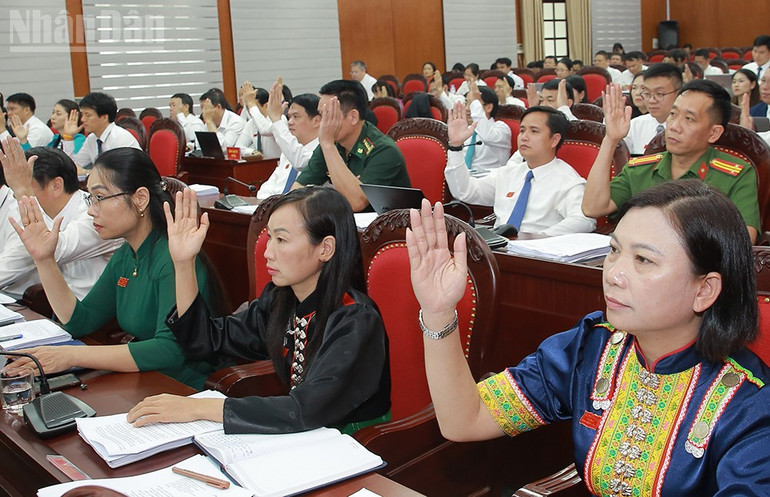 Các đại biểu biểu quyết thông qua các nghị quyết tại Kỳ họp thứ 11, Hội đồng nhân dân tỉnh Sơn La. ndo_tl_5.jpg