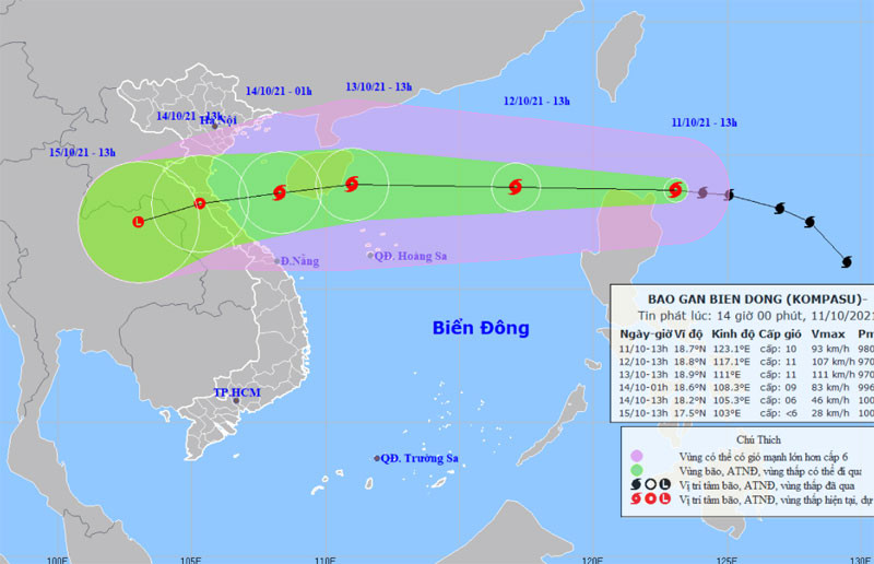 Vị trí và hướng di chuyển của bão Kompasu. (Nguồn: nchmf.gov.vn)
