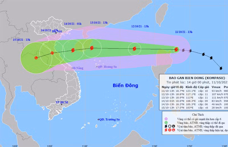 Vị trí và hướng di chuyển của bão Kompasu. (Nguồn: nchmf.gov.vn)