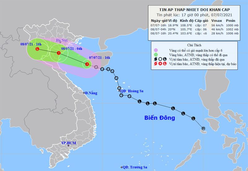 Vị trí và hướng di chuyển của áp thấp nhiệt đới. (Nguồn: nchmf.gov.vn)
